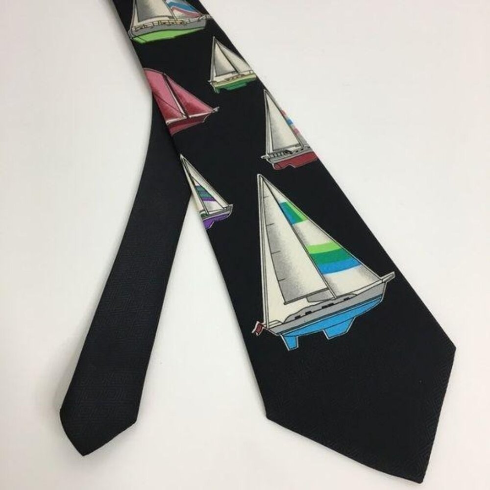 Umo Lorenzo Mens ITALIAN SILK Necktie Black Blue ESTATE Preppy OLD MONEY Sailing